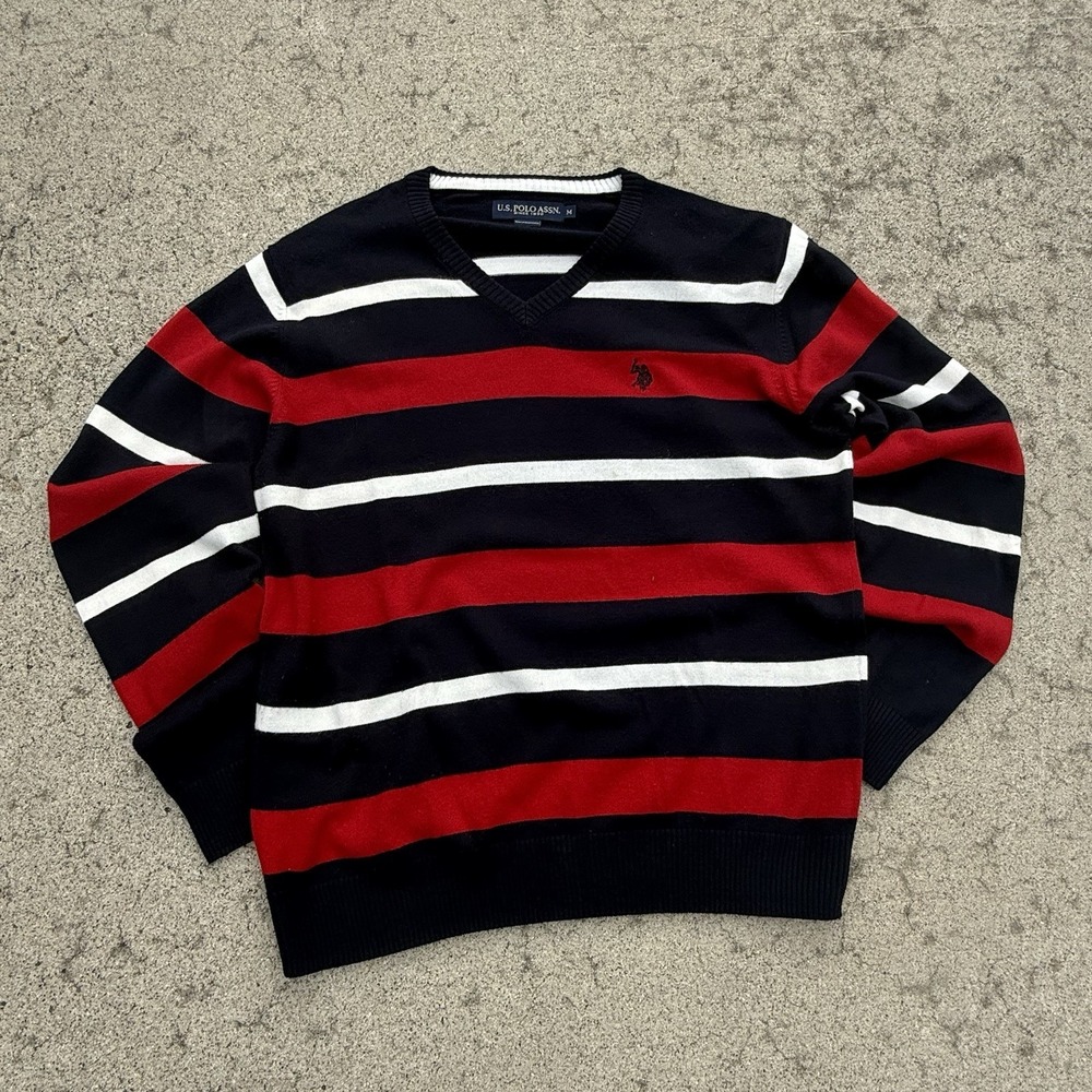U.S. Polo Assn. Men's Striped V-Neck Pullover Sweater Medium Black‎ Red White